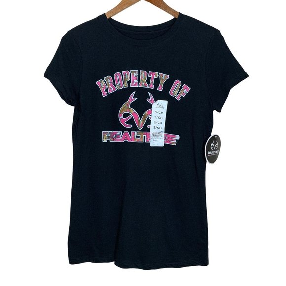 Realtree Graphic Tee Shirt Black Pink Camo Property of Realtree Fitted NWT Small - Picture 1 of 5